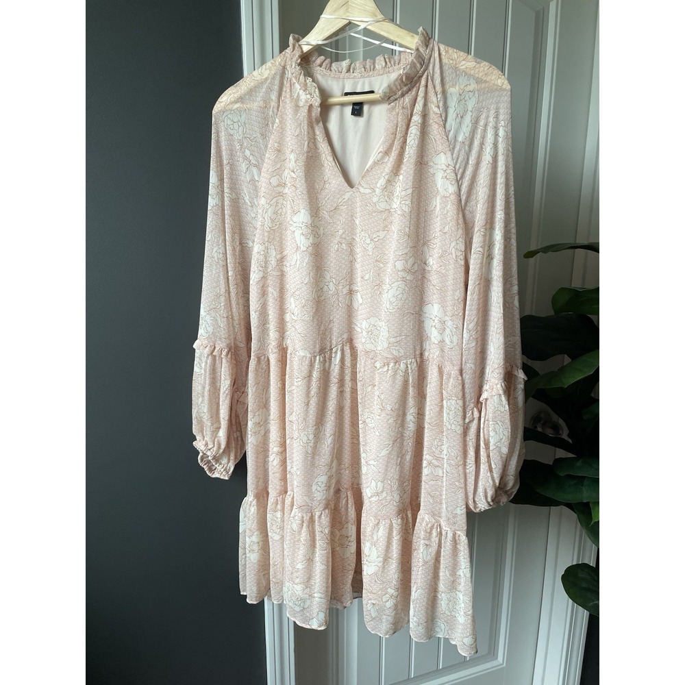 Express L Blush Pink White Floral Chiffon Dress 3/4 Sleeve Ruffle